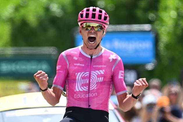 Tour Auvergne - Rhone-Alpes 2026 Stage 1 SAINT-ISMIER, FRANCE - JUNE 07 : Baudin Alex (FRA) of EF Education EasyPost celebrating his victory during stage 1 of the 78th edition of Tour Auvergne - Rhone-Alpes an UCI World Tour 2.UWT cycling road race stage for Men Elite of 146.2 km with start in Vizille and finish in Saint-Ismier on June 7, 2026 in Saint-Ismier, France, 07 06 2026 ( Motordriver Guy De Vuyst - Saint-Ismier France  Copyright: xVincentxKalutx