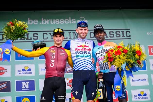 Brussels Cycling Classic 2026 Cycling Race BRUSSEL, BELGIUM - JUNE 07 : Girmay Biniam (ERI) of NSN Cycling Team, Meeus Jordi (BEL) of Red Bull BORA Hansgrohe, Fretin Milan (BEL) of Cofidis on the podium during the 106th edition of Brussels Cycling Classic an UCI ProSeries 1.Pro one day cycling road race for Men Elite of 206.3 km with start in Brussel and finish in Brussel on June 7, 2026 in Brussel, Belgium, 07 06 2026 ( Motordriver Stephan Boone - Brussel Belgium  Copyright: xTomasxSiskx