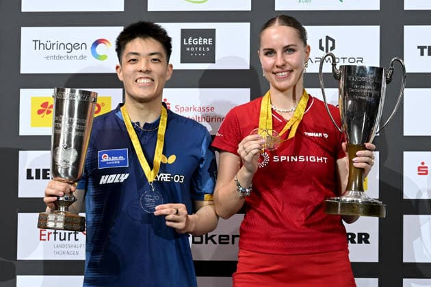 Table tennis 94 National German Championships on 07 06 2026 in the exhibition halls in Erfurt The winners in the singles Dang Qiu, left and Annett Kaufmann, right xJFx
