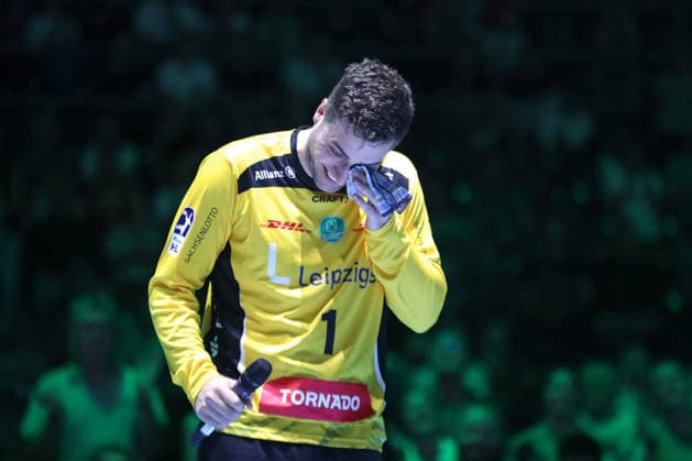 Handball DAIKIN HBL, SC DHfK Leipzig GWD Minden 07 06 2026 Goalkeeper Domenico Ebner 1, SC DHfK Leipzig has to wipe the tears from his eyes during his emotional farewell Handball, DAIKIN HBL, 1 Bundesliga, Season 2025 2026, 34 Matchday SC DHfK Leipzig vs GWD Minden on 07 06 2026 at Quarterback Immobilien Arena Leipzig Copyright: xBEAUTIFULxSPORTS JanxKaeferx