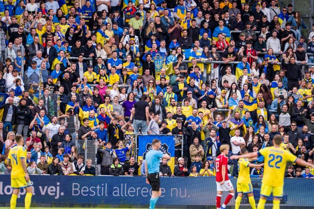 Denmark v Ukraine, football friendly, Odense, Denmark Odense, Denmark. 07th, June 2026. About 1.000 fans of Ukraine seen on the stands at the football friendly between Denmark and Ukraine at Odense Stadion in Odense. Denmark, Odense, Nature Energy Park  Copyright: xGonzalesxPhoto KentxRasmussenx