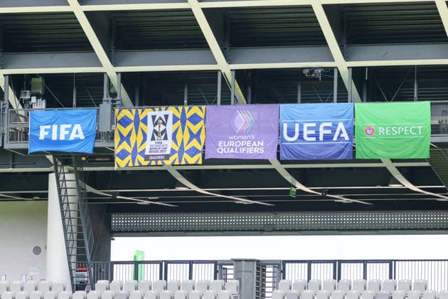 Ljubljana, Slovenia 08 06 2026 Final training of the DFB womens team before the World Cup qualifying match against Slovenia In the picture symbolic picture flag of FIFA and flags of UEFA Copyright: HMBxMedia MadeleinexFantini