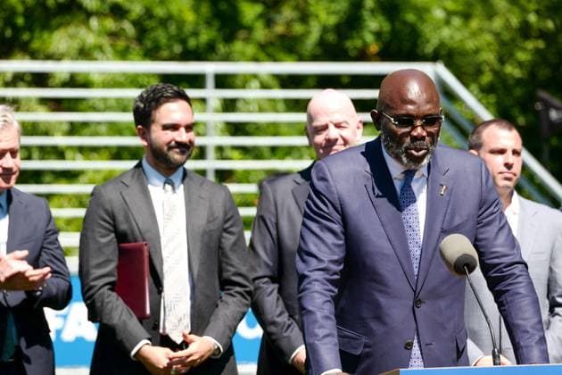 New York, NY June 8 Governor Hochul and Mayor Mamdani make a World Cup FIFA announcement of a free watch party in Central Park for the FIFA World Cup 2026 Final on Sunday, July 19 With FIFA President Gianni Infantino, George Weah on June 8, 20267 Credit AdMedia FIFA 2026 Press Conference  - ZUMAa123 20260608_zaa_a123_273 Copyright: xCamaraxPorterx