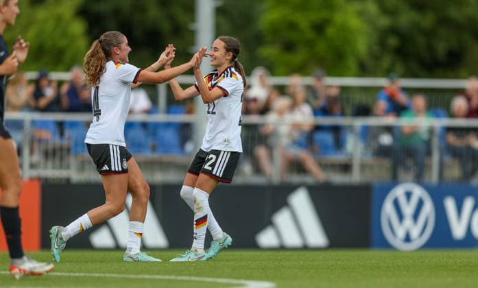 GER, Frankfurt, Germany U19 vs USA U19 friendly match, Football, DFB, 2025 2026 season, DFB Campus, second game in picture Lina Szaraz Germany U19 Women 4 scores the 1 0 against the USA, goal, jubilation and joy with Emma Memminger Germany U19 Women 22 DFB DFL REGULATIONS PROHIBIT ANY USE OF PHOTOGRAPHS AS IMAGE SEQUENCES AND OR QUASI VIDEO, 09 06 2026 Copyright: HMBxMedia HendrikxHamelau