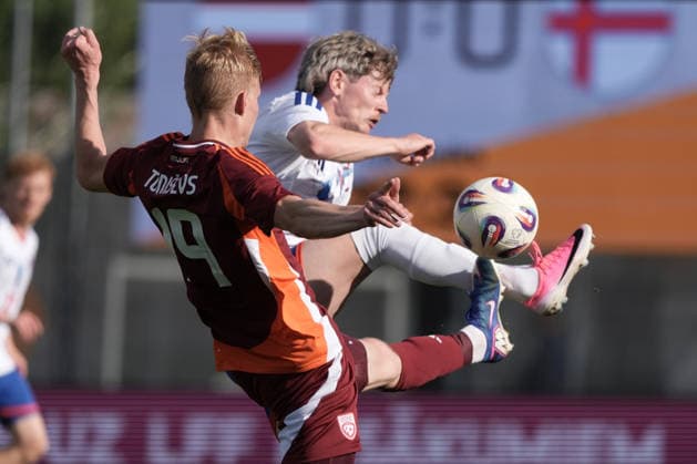 Latvia Faroe Islands Soccer, RÄ«ga, Latvia, 09.06.2026 Adrian Justinussen and Maksims Tonisevs in action during Baltic Cup game between Latvia and Faroe Islands national teams In Riga, Latvia, 09.06.2026. Photo: Roman Koksarov (RKF) RÄ«ga Latvia Copyright: xRomanxKoksarovx DSC00576