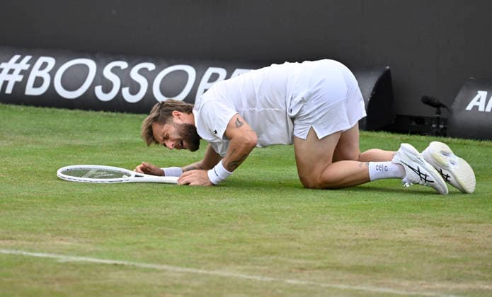 Corentin Moutet FRA action falls slips falls on the ground injured injury Tennis Men BOSS Open ATP 250 Stuttgart 2026 Weissenhof BOSS Open ATP 250 Stuttgart 2026