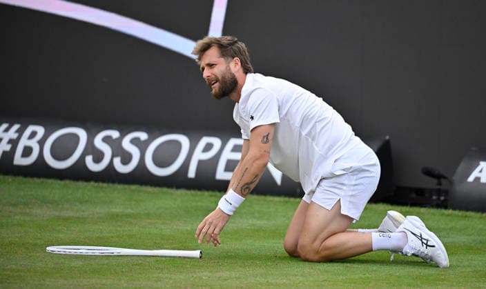Corentin Moutet FRA action falls slips falls on the ground injured injury Tennis Men BOSS Open ATP 250 Stuttgart 2026 Weissenhof BOSS Open ATP 250 Stuttgart 2026