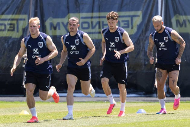 SOCCER - FIFA World Cup, WM, Weltmeisterschaft, Fussball 2026, preview SANTA BARBARA,CALIFORNIA,USA,09.JUN.26 - SOCCER - FIFA World Cup 2026, USA, Mexico, Canada, preview, OEFB, Oesterreichischer Fussball-Bund, training team AUT. Image shows Xaver Schlager, Marcel Sabitzer, Paul Wanner and Marko Arnautovic (AUT). GEPAxpictures xArminxRauthner