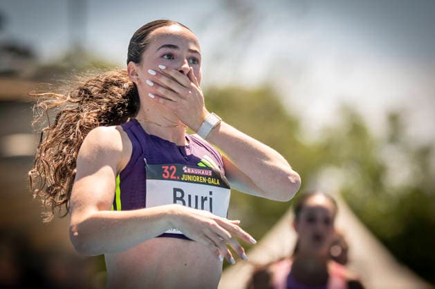 MANNHEIM, GERMANY - JUNE 13, 2026 : Xenia Buri (SUI Switzerland) runs a 11,14 in the 100m and reacts during the Juniorengala 2026 at Michael-Hoffmann-Stadion on June 13, 2026 in Mannheim, Germany. Baden-Wuerttemberg Germany Copyright: xAxelxKohringx
