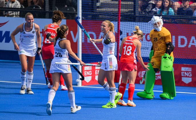 England Women v Germany Women Women s FIH Pro League Jette Fleschütz of Germany Women celebrates scoring her first goal during the Women s FIH Pro League match at Lee Valley Hockey Tennis Centre, Stratford 13 06 2026 UK Newspapers OUT Copyright: xGraemexWilcocksonx FIL-23552-0002
