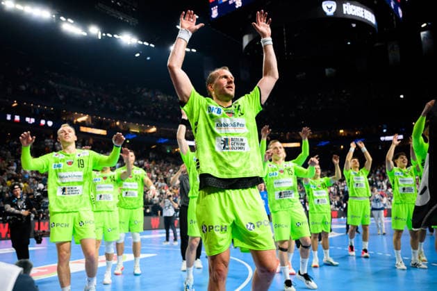 Cologne, Germany Handball EHF CL Final 4 Semi-Final SC Magdeburg Fuechse Berlin Max Darj Berlin Final Cheers Final Cheers Emotion Joy Cologne Lanxess Arena North Rhine-Westphalia Germany