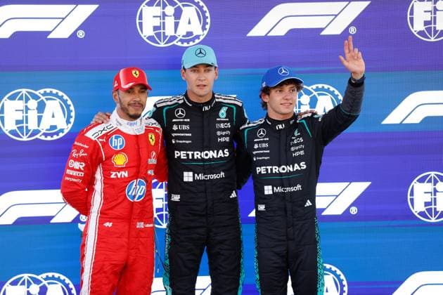 HAMILTON Lewis gbr , Scuderia Ferrari SF 26, portrait RUSSELL George gbr , Mercedes AMG F1 Team W17, portrait KIMI ANTONELLI Andrea ita , Mercedes AMG F1 Team W16, portrait during the Formula 1 Barcelona Catalunya Grand Prix 2026, 7th round of the 2026 Formula One World Championship from June 12 to 14, 2026 on the Circuit de Barcelona Catalunya, in Montmelo, Spain Photo Hoch Zwei Montmelo Spain