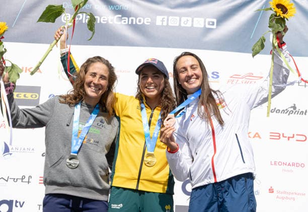 Award ceremony Single Canoe Women, from left Nuria Vilarrubla ESP, Spain, silver , Jessica Fox, AUS, Australia, winner , Martina Satkova CZE, Czechoslovakia, bronze , ICF Canoe Slalom World Cup 2026 Eiskanal Augsburg