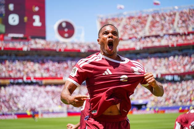 USA Soccer FIFA World Cup 2026 Group B Switzerland vs Qatar Levi™s Stadium Santa Clara, California Goal and goal celebration for the 1 1 equalizer shortly before the end of the match by Boualem Khoukhi Qatar, 16 Joy, emotions, jubilation by Pedro Miguel Qatar, 2 Facial expression, gesture, gestures, emotion Copyright: xJOERANxSTEINSIEKx