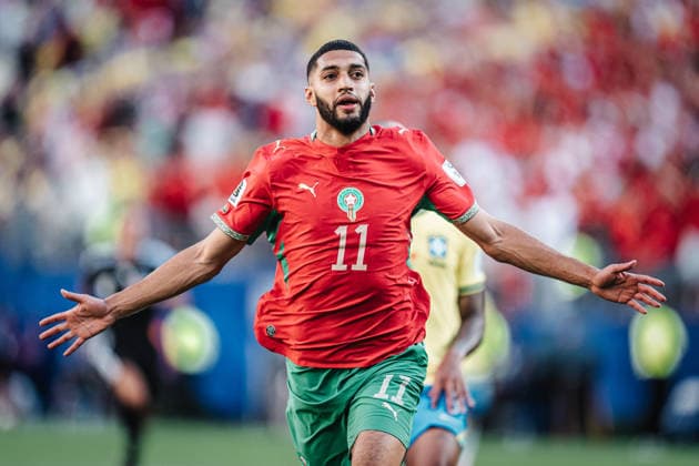 Soccer Men FIFA World Cup 2026 Group C Brazil vs Morocco 13 06 2026 Ismael Saibari 11, Morocco scores a goal and cheers East Rutherford New York New Jersey Stadium New Jersey United States of America
