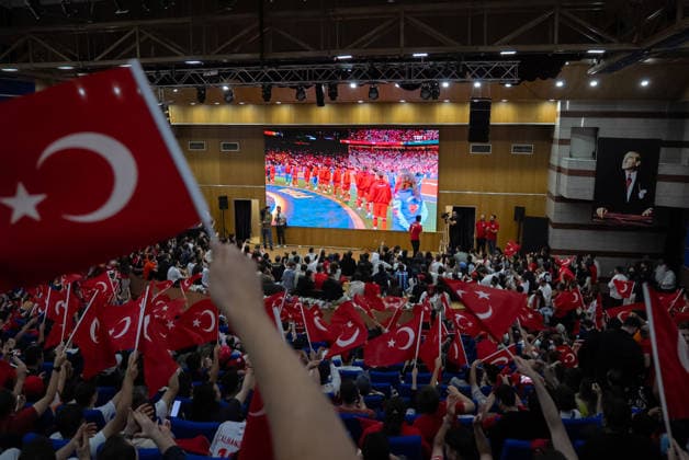 Turkish football fans gather to watch Turkiye-Australia World Cup match ANKARA, TURKIYE - JUNE 14: Turkish football fans gather at the Kocatepe Culture Center in Ankara, Turkiye on June 14, 2026, to watch the live broadcast of the Turkish National Football Team s opening match against Australia in Group D of the 2026 FIFA World Cup, WM, Weltmeisterschaft, Fussball Betul Abali Anadolu Ankara Turkey. Editorial use only. Please get in touch for any other usage.  Copyright: x2026xAnadoluxBetulxAbalix