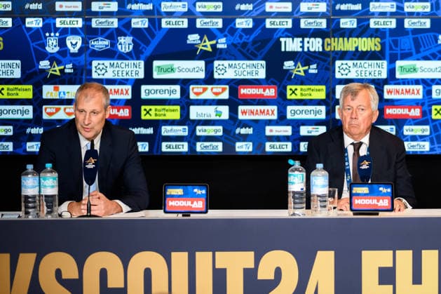 Cologne, Germany Handball EHF CL Final 4 Match 3rd place Aalborg Handbold SC Magdeburg from left David Slezak, EHF President Michael Wiederer Cologne Lanxess Arena North Rhine-Westphalia Germany