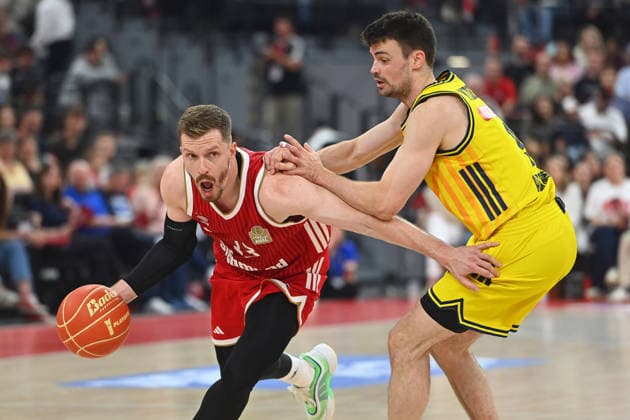 Andreas OBST FCB , action,duel against Jonas MATTISSECK Alba Berlin Basketball BBL,Season 2025 2026 Play Off Final Game 2, FC Bayern Muenchen Alba Berlin on 14 06 2026 S A P G A R D EN