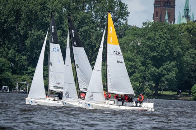 Team Garda Girls on boat 17 in race 62 Helga Cup 2026 sailing regatta on the Hamburg Outer Alster, Hamburg Hamburg Germany Outer Alster