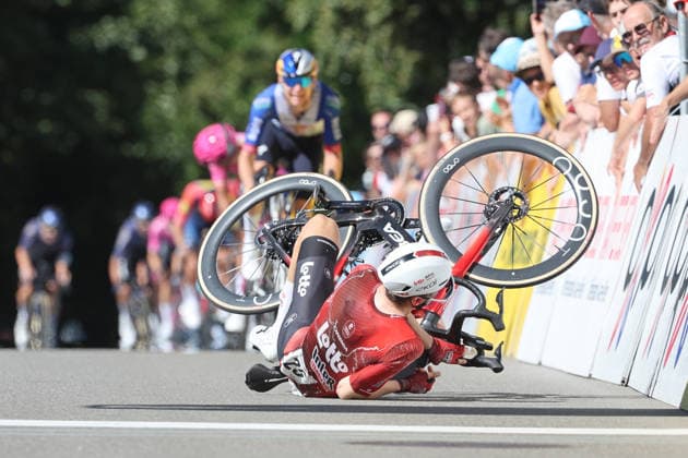 14 06 2026 Leuggern AG , SWITZERLAND, 62 GP Gippingen Winner Liam Slock BEL Team Lotto Intermarche crosses the finish line
