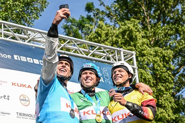 ICF Canoe Slalom World Cup 14 06 2026, Eis Kanal, Augsburg Winner Men™s Kayak Corss from left 2nd place David Llorente ESP , 1st place Joseph Clarke GBR , 3rd place Gabriel de Coster BEL , Augsburg, 14 06 2026 Canoe World Cup, Augsburg, Eis Kanal Copyright: xBEAUTIFULxSPORTS Märklx