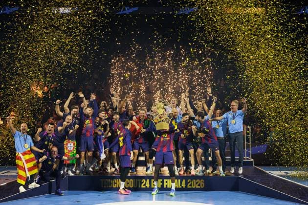 Award ceremony, Domen MAKUC FC Barcelona Barca, 35 and Dika MEM FC Barcelona Barca, 10 with the cup, ceremony, cup, trophy, jubilation, joy, passion, success, emotion, enthusiasm, positive emotions GER, FC Barcelona Barca vs Fuechse Berlin, Handball, TruckScout24 EHF FINAL4 2026, Final, Season 2025 2026, 14 06 2026, GER, FC Barcelona Barca vs Fuechse Berlin, Handball, TruckScout24 EHF FINAL4 2026, Final, Season 2025 2026, 14 06 2026, Cologne Copyright: xEibnerxPressefoto OliverxSchmidtx EP_OST