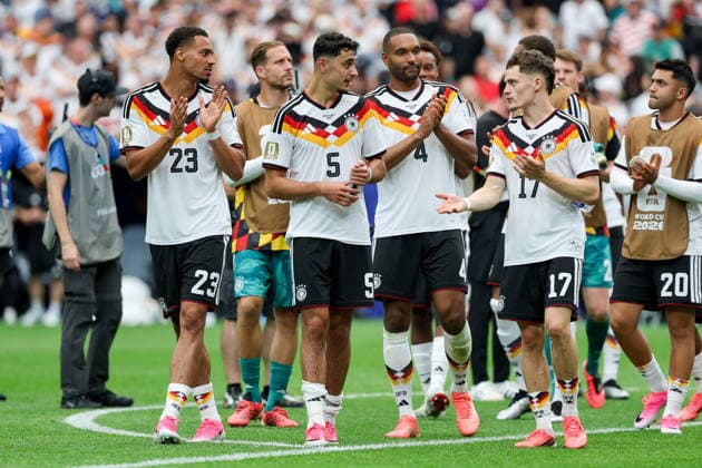 Felix Nmecha Germany , Aleksandar Pavlovic Germany , Jonathan Tah Germany and Florian Wirtz Germany look on during the FIFA World Cup 2026 Group E match between Germany and Curacao at Houston Stadium on June 14, 2026 in Houston, United States Photo by Torbjorn Tande DeFodi Images