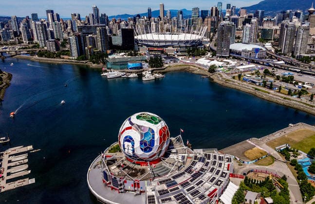 Science World dome in Vancouver transformed into 2026 FIFA World Cup, WM, Weltmeisterschaft, Fussball official match ball VANCOUVER, CANADA - JUNE 14: An aerial view of the iconic geodesic dome of Science World, originally built as the Expo Centre for Expo 86, transformed into the design of the Adidas Trionda, the official match ball of the 2026 FIFA World Cup, using 131 custom-designed panels to celebrate the arrival of the tournament in Vancouver, British Columbia, Canada on June 14, 2026. Lokman Vural Elibol Anadolu Vancouver Canada. Editorial use only. Please get in touch for any other usage. Copyright: x2026xAnadoluxLokmanxVuralxElibolx