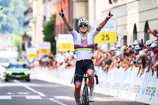 Tour de Suisse 2026 Stage 1 SONDRIO, ITALY - JUNE 17 : Pogacar Tadej (SLO) of UAE Team Emirates XRG celebrating his victory during stage 1 of the 89th edition of Tour de Suisse an UCI World Tour 2.UWT cycling road race stage for Men Elite of 144 km with start in Sondrio and finish in Sondrio on June 17, 2026 in Sondrio, Italy, 17 06 2026 ( Motordriver Guy De Vuyst - Sondrio Italy  Copyright: xVincentxKalutx