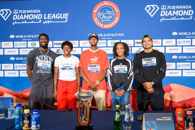 June 18, 2026, Doha, Qatar: (L to R) American hurdler Cordell Tinch, Dominican sprinter Marileidy Paulino, Qatari high jumper Mutaz Barshim, Dominican triple jumper Thea LaFond, and Indian javelin thrower Neeraj Chopra pose after a press conference, PK, Pressekonferenz ahead of the Doha Diamond League athletics meeting in Doha. The Doha Diamond League meeting is scheduled to take place on June 19, 2026. Doha Diamond League 2026 Press Conference In Doha - 18 Jun 2026 - ZUMAs197 20260618_aaa_s197_105 Copyright: xNoushadxVariyattiyakkalx