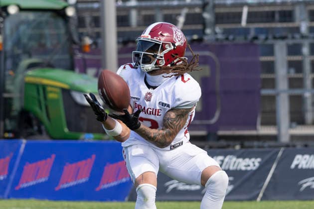 EFA European Football Alliance Frankfurt Galaxy vs. Prague Lions, June 21, 2026. William Patterson of the Prague Lions catches the ball and scores a touchdown, Frankfurt Galaxy vs. Prague Lions, Frankfurt, PSD Bank Arena, June 21, 2026,detected_source_language Copyright: xBEAUTIFULxSPORTS Gawlikx