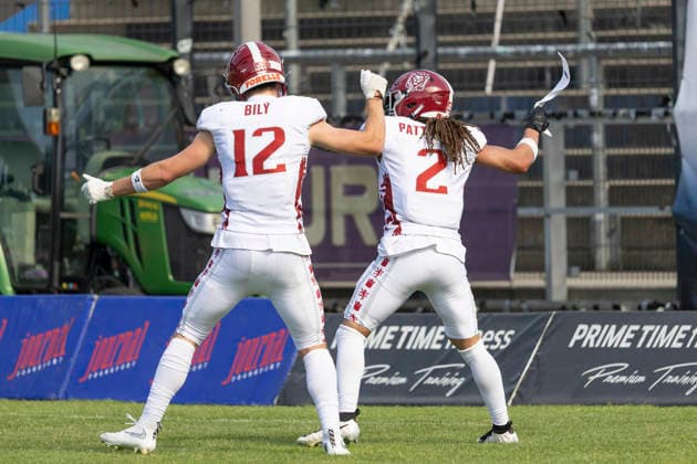 EFA European Football Alliance Frankfurt Galaxy vs. Prague Lions, June 21, 2026 Matyas Bily (Prague Lions) 12 William Patterson (Prague Lions) 2 celebrate a touchdown, Frankfurt Galaxy vs. Prague Lions, Frankfurt, PSD Bank Arena, June 21, 2026,detected_source_language Copyright: xBEAUTIFULxSPORTS Gawlikx