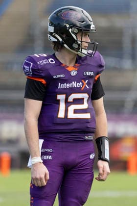 EFA European Football Alliance Frankfurt Galaxy Prague Lions, June 21, 2026 Ethan Garbers Frankfurt Galaxy 12, Cutout, Portrait, Frankfurt Galaxy Prague Lions, Frankfurt, PSD Bank Arena, June 21, 2026,detected_source_language Copyright: xBEAUTIFULxSPORTS Gawlikx