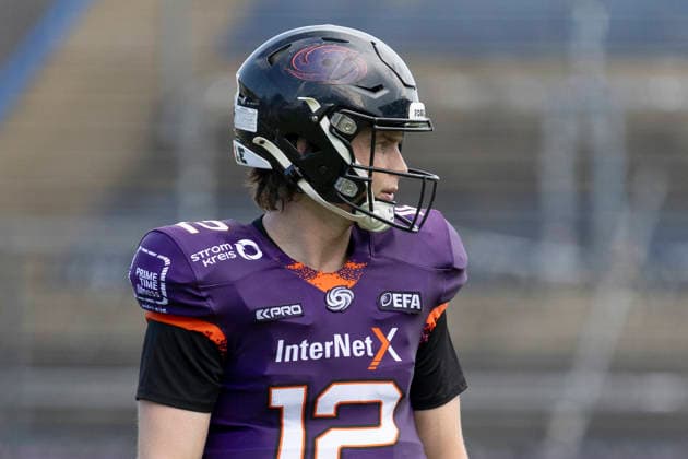 EFA European Football Alliance Frankfurt Galaxy Prague Lions, June 21, 2026 Ethan Garbers Frankfurt Galaxy 12, Cutout, Portrait, Frankfurt Galaxy Prague Lions, Frankfurt, PSD Bank Arena, June 21, 2026,detected_source_language Copyright: xBEAUTIFULxSPORTS Gawlikx