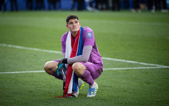Soccer: 2026 FIFA World Cup Round of 32 in Boston—Germany vs. Paraguay, June 29, 2026—Match-winner, goalkeeper Orlando Gill of Paraguay, after the game