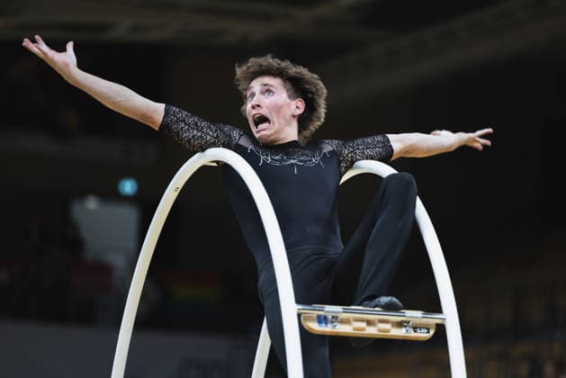 2026 World Championships in Wheel Gymnastics, 2026 Rhönrad World Championships, Germany, Göttingen on July 1, 2026—Day one of the Rhönrad World Championships with over 250 athletes from 17 nations. Pictured: Finnish Rhönrad gymnast Bero Schröter competing in the Straight Line discipline.