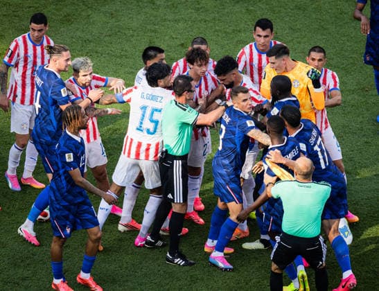 The referee Ilgiz Tantashev reacts during the FIFA Men?s World Cup 2026 round of 16 football match between Paraguay and France at Philadelphia Stadium, in Philadelphia on July 4th 2026 (Photo by Ricardo Nogueira SPP) Copyright: xRicardoxNogueira SPPx Sportspressphoto_SPR184992