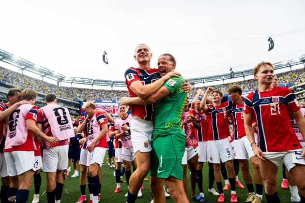 July 5, 2026: Julian Ryerson and Norway’s goalkeeper Orjan Nyland celebrate after the 2026 FIFA World Cup Round of 16 soccer match between Brazil and Norway on July 5, 2026 in New Jersey. Photo by Vegard Grott, BILDBYRAN. Code: VG VG0982 bbeng soccer football fotball World Cup soccer World Cup fotball World Cup soccer World Cup 2026 FIFA World Cup 2026 New York Round of 16 Brazil Brazil Norway celebration jubilation  Copyright: VEGARDxGRoTT BB260705VG069