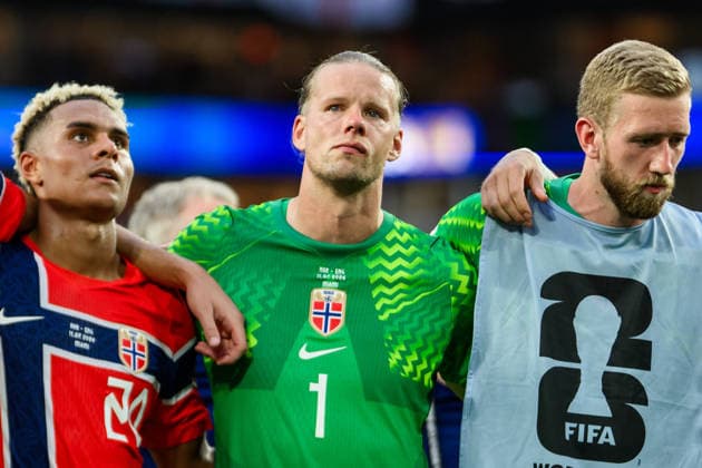 July 11, 2026: Antonio Nusa and Norway’s goalkeeper Orjan Nyland after the 2026 FIFA World Cup quarterfinal soccer match between Norway and England on July 11, 2026 in Miami. Photo by Vegard Grott, BILDBYRAN. Code: VG VG0992 bbeng soccer football fotball World Cup soccer World Cup 2026 FIFA World Cup 2026 quarterfinal quarterfinals quarterfinal quarter final England Norway depp  Copyright: VEGARDxGRoTT BB260711VG079