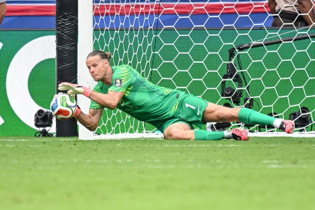 Goalkeeper Orjan Nyland of Norway controls the ball during the 2026 FIFA World Cup quarterfinal match between Norway and England at Miami Stadium on July 11, 2026, in Miami Gardens, United States. Photo by Harry Langer, DeFodi Images