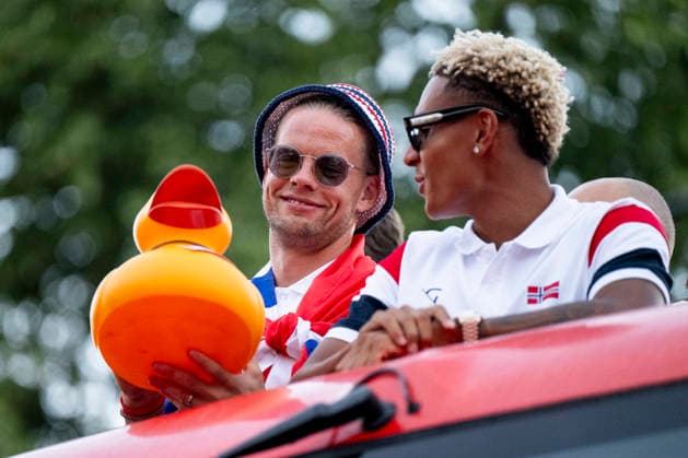 July 13, 2026: Orjan Nyland and Antonio Nusa of Norway at a team reception during Day 33 of the 2026 FIFA World Cup on July 13, 2026 in Oslo. Photo by Jon Olav Nesvold, BILDBYRAN COP 217 VG0993: soccer, FIFA World Cup 2026, Day 33, Norway, team reception, bbeng  Copyright: JONxOLAVxNESVOLD BB260713JE036