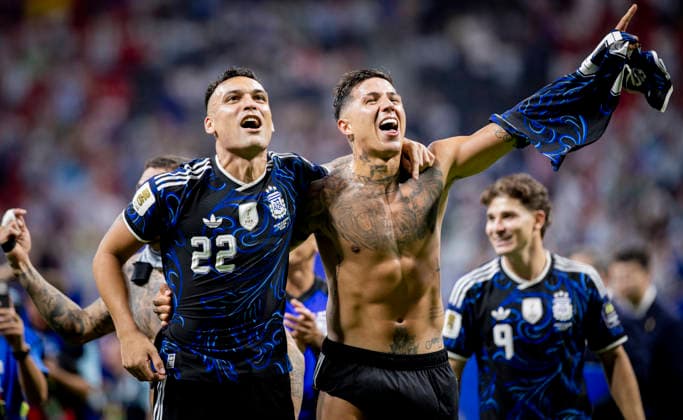 Atlanta, USA, July 15, 2026: Jubilation in the final; Lautaro Martinez (ARG), Enzo Fernandez (ARG); England vs. Argentina; World Cup; England vs. Argentina; July 15, 2026