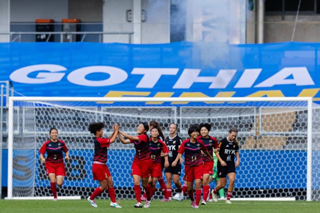 July 18, 2026: Kamimura Gakuen s Anri Hamasuna celebrates with Sora Yamano after a 0–3 victory in the Girls 17 final of the Gothia Cup between Enskede IK and Kamimura Gakuen on July 18, 2026, in Gothenburg  Copyright: MICHAELxERICHSEN BB260718MI012