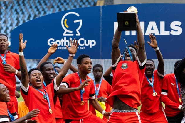 July 18, 2026: Accra Shooting Stars players celebrate with the trophy after the Boys 18 final at the Gothia Cup between Newbridge Town FC and Accra Shooting Stars FC on July 18, 2026, in Gothenburg  Copyright: MICHAELxERICHSEN BB260718MI053