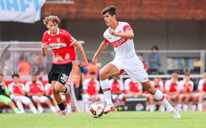 July 19, 2026, Germany, Balingen, Bundesliga, 2026–2027 season, Friendly match, TSG Balingen vs. VfB Stuttgart, from left: Henoch Grauer (TSG), Chema (VfB)