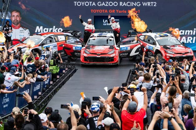 IPA86815165 - Driver Sami Pajari and Co-Driver Marko Salminen of the Toyota Gazoo Racing WRT team, driving a Toyota GR Yaris Rally1, celebrate their final podium finish at the FIA World Rally Championship WRC, Motorsport Rallye, WM Delfi Rally Estonia 2026 on July 19 in Tartu, Estonia Copyright: xLucaxBarsali IPAxSportx xx 86815165