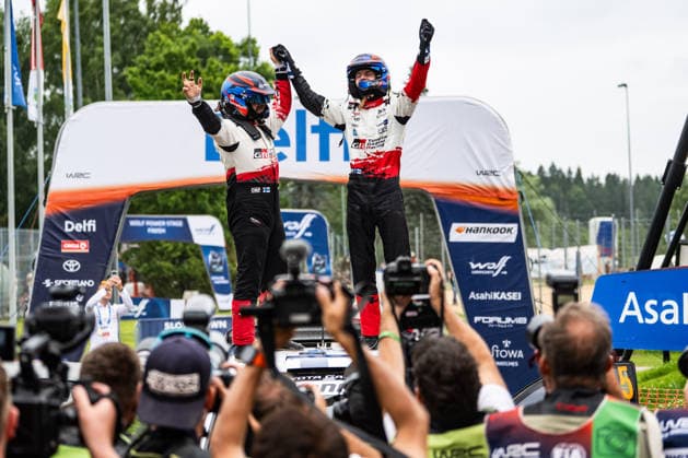 IPA86815173 - ,Driver Sami Pajari and Co-Driver Marko Salminen of the Toyota Gazoo Racing WRT team, driving a Toyota GR Yaris Rally1, celebrate their final podium finish during the FIA World Rally Championship WRC, Motorsport Rallye, WM Delfi Rally Estonia 2026 on July 19 in Tartu, Estonia Copyright: xLucaxBarsali IPAxSportx xx 86815173