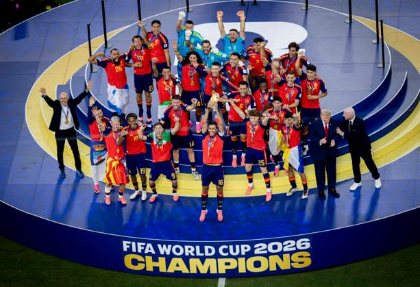 New York, USA, July 19, 2026: Rodri lifts the trophy as Donald Trump and FIFA President Gianni Infantino watch the Spain vs. Argentina World Cup Final, July 19, 2026