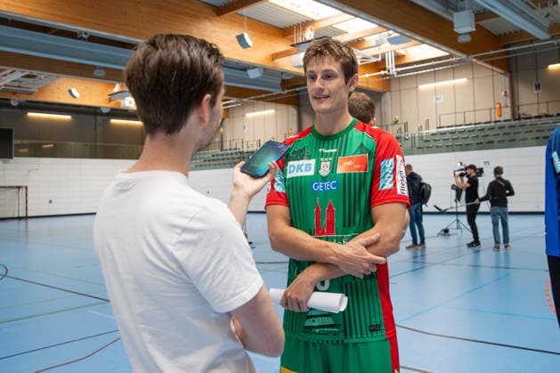 July 20, 2026, xgox, Opel HBL SC Magdeburg Handball Photo Op for the 2026–27 Season, emspor, from left: Oskar Vind Rasmussen, Magdeburg, No. 9 in an interview, Magdeburg