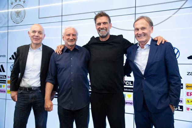 From left: Bernd NEUENDORF (GER), DFB President Rudi VOELLER (GER), DFB Director of Sports, National Team Coach, National Team Head Coach Jürgen KLOPP (GER), Hans Joachim WATZKE, DFB Vice President, DFB press conference to introduce Juergen Klopp as the new national soccer team coach, DFB Campus in Frankfurt on July 24, 2026 Â